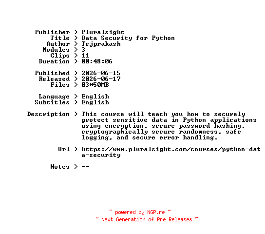 NFO for the release Pluralsight.Data.Security.for.Python.2026.BOOKWARE-GETH by GETH