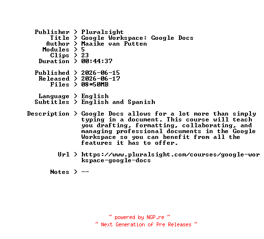 NFO for the release Pluralsight.Google.Workspace.Google.Docs.2026.BOOKWARE-GETH by GETH