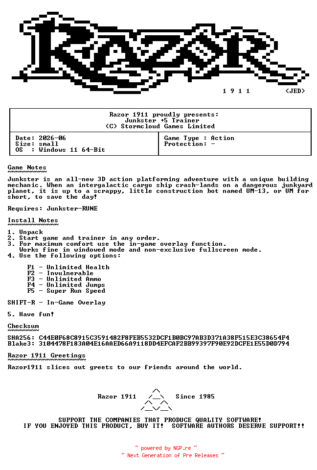NFO for the release Junkster_Plus_5_Trainer-RazorDOX by RazorDOX