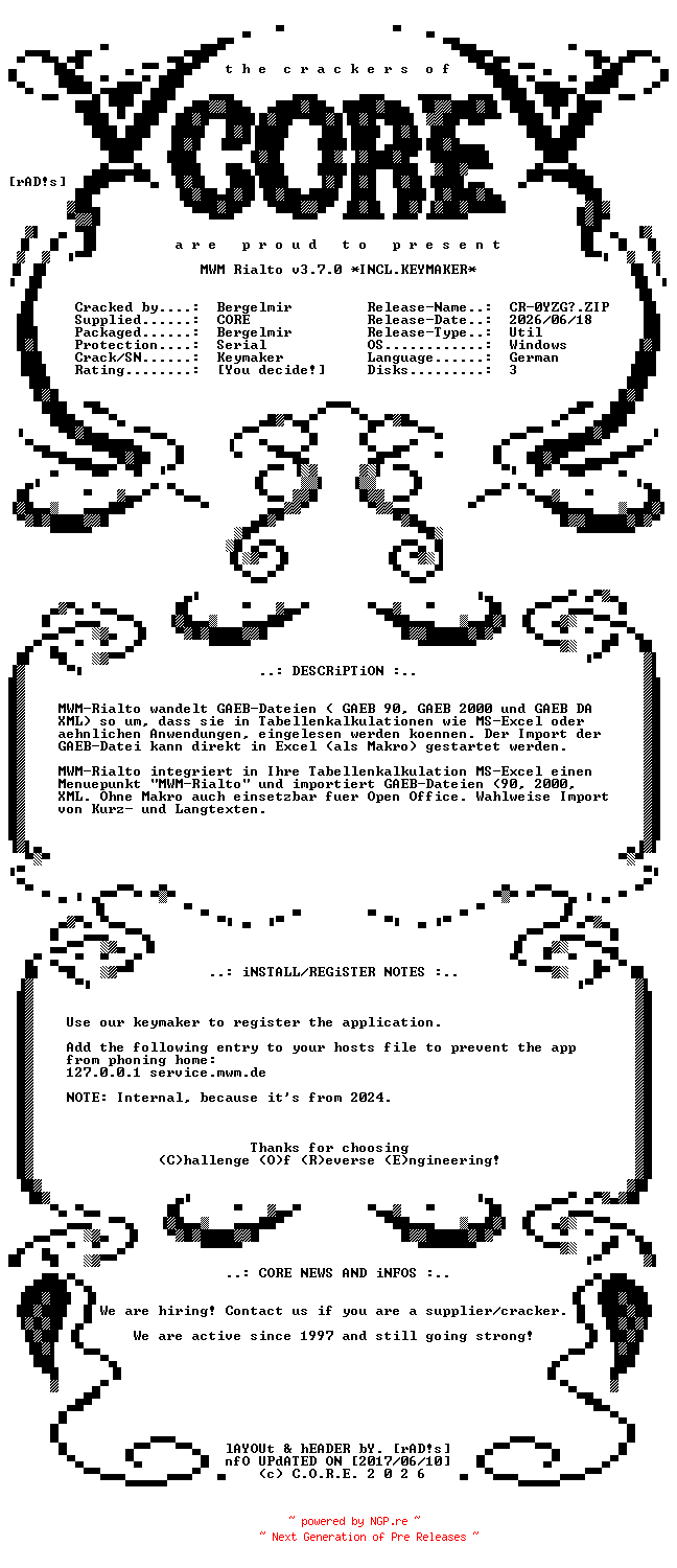 NFO for the release MWM.Rialto.v3.7.0.German.Incl.Keymaker.INTERNAL-CORE by CORE