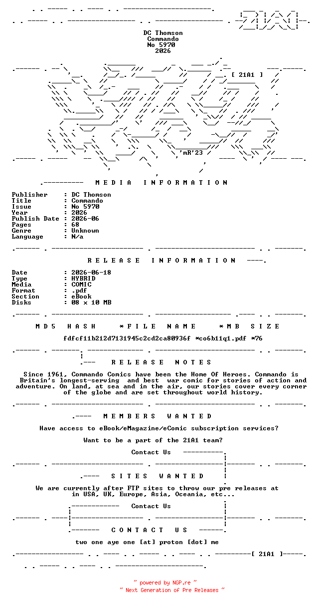 NFO for the release Commando.No.5970.2026.HYBRID.COMIC.eBook-21A1 by 21A1
