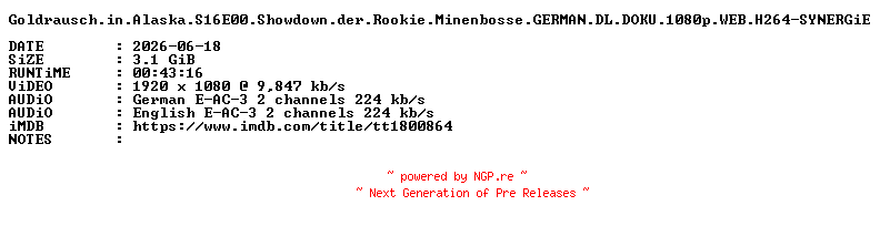 NFO for the release Goldrausch.in.Alaska.S16E00.Showdown.der.Rookie.Minenbosse.GERMAN.DL.DOKU.1080p.WEB.H264-SYNERGiE by SYNERGiE
