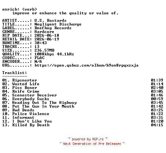 NFO for the release U.S._Bastards-Negligent_Discharge-16BIT-WEB-FLAC-2026-ENRiCH by ENRiCH