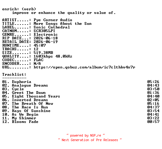 NFO for the release Pye_Corner_Audio-More_Songs_About_the_Sun-(SCR305LPI)-24BIT-WEB-FLAC-2026-ENRiCH by ENRiCH