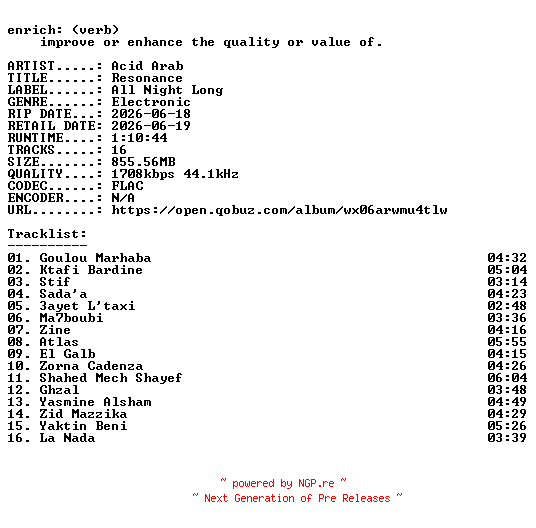NFO for the release Acid_Arab-Resonance-24BIT-WEB-FLAC-2026-ENRiCH by ENRiCH