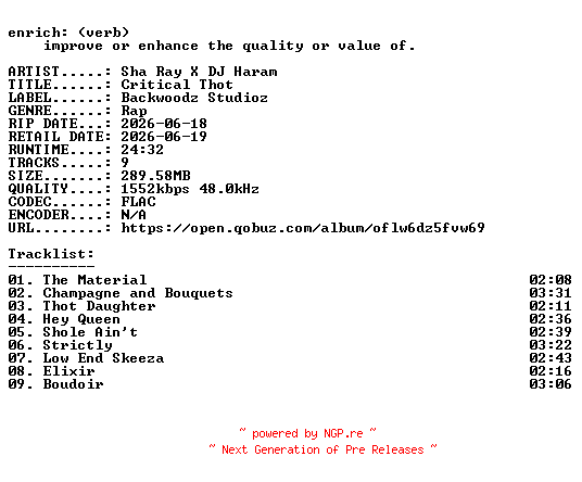 NFO for the release Sha_Ray_X_DJ_Haram-Critical_Thot-24BIT-WEB-FLAC-2026-ENRiCH by ENRiCH
