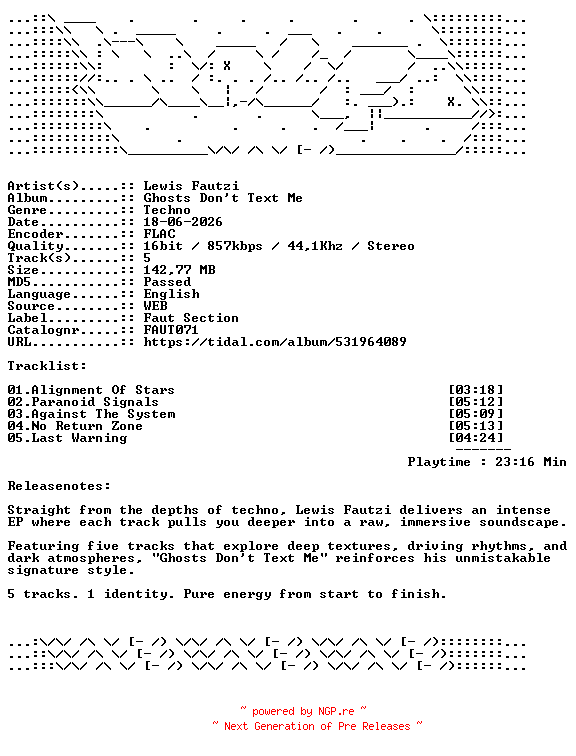 NFO for the release Lewis_Fautzi-Ghosts_Dont_Text_Me-FAUT071-16BIT-WEB-FLAC-2026-WAVED by WAVED