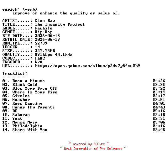 NFO for the release Dice_Raw-The_Insanity_Project-16BIT-WEB-FLAC-2026-ENRiCH by ENRiCH