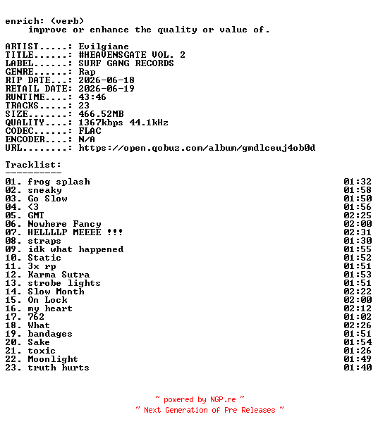 NFO for the release Evilgiane-HEAVENSGATE_VOL._2-24BIT-WEB-FLAC-2026-ENRiCH by ENRiCH