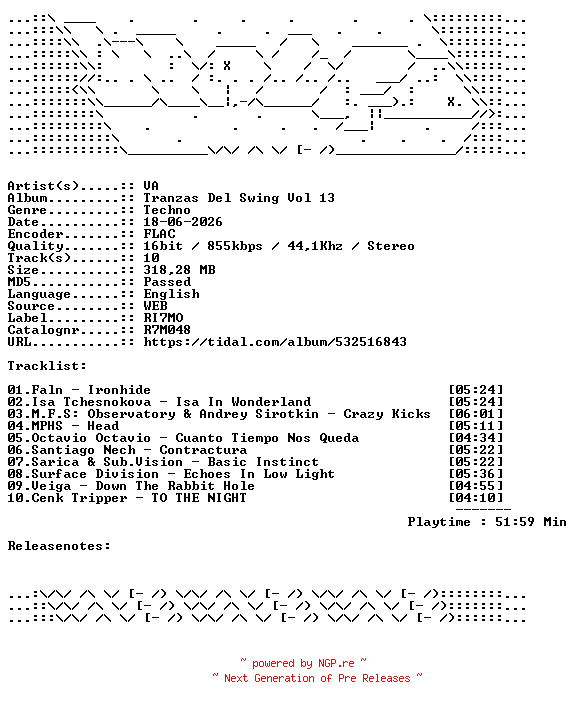 NFO for the release VA-Tranzas_Del_Swing_Vol_13-R7M048-16BIT-WEB-FLAC-2026-WAVED by WAVED