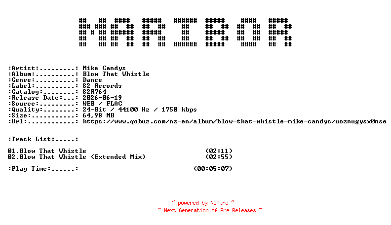 NFO for the release Mike_Candys-Blow_That_Whistle-(S2R764)-24BIT-WEB-FLAC-2026-MARiBOR by MARiBOR