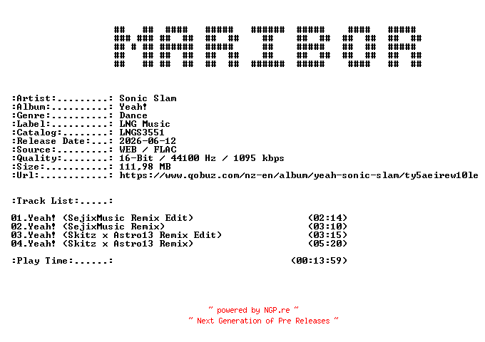 NFO for the release Sonic_Slam-Yeah-(LNGS3551)-16BIT-WEB-FLAC-2026-MARiBOR by MARiBOR