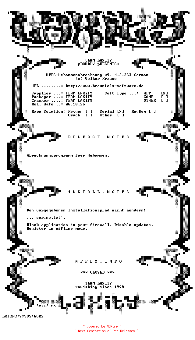 NFO for the release HERS-Hebammenabrechnung.v9.14.2.263.German-LAXiTY by LAXiTY