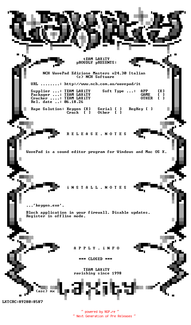 NFO for the release NCH.WavePad.Edizione.Masters.v24.30.Italian.incl.Keygen-LAXiTY by LAXiTY