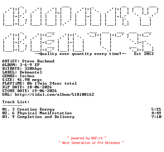 NFO for the release Steve_Rachmad-3-6-9_EP-(DKMNTL121)-WEB-2026-BB by BB