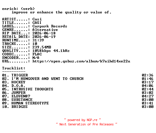 NFO for the release Casi-CASI-16BIT-WEB-FLAC-2026-ENRiCH by ENRiCH