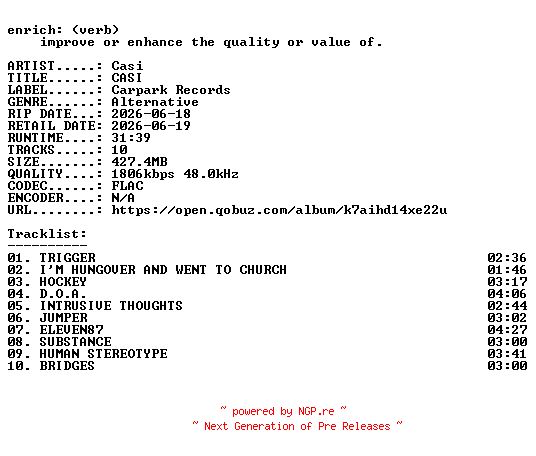 NFO for the release Casi-CASI-24BIT-WEB-FLAC-2026-ENRiCH by ENRiCH