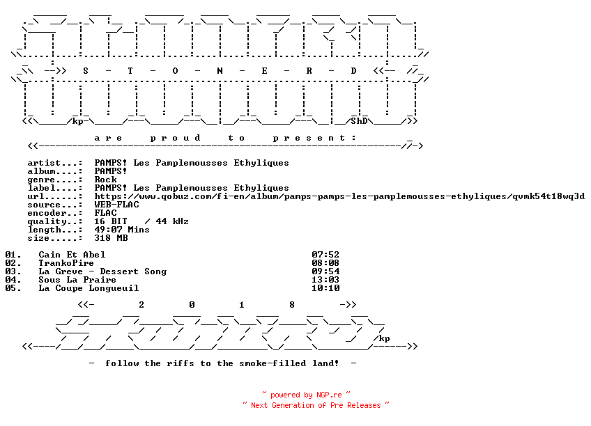 NFO for the release PAMPS_Les_Pamplemousses_Ethyliques-PAMPS-16BIT-WEB-FLAC-2016-STONERD by STONERD