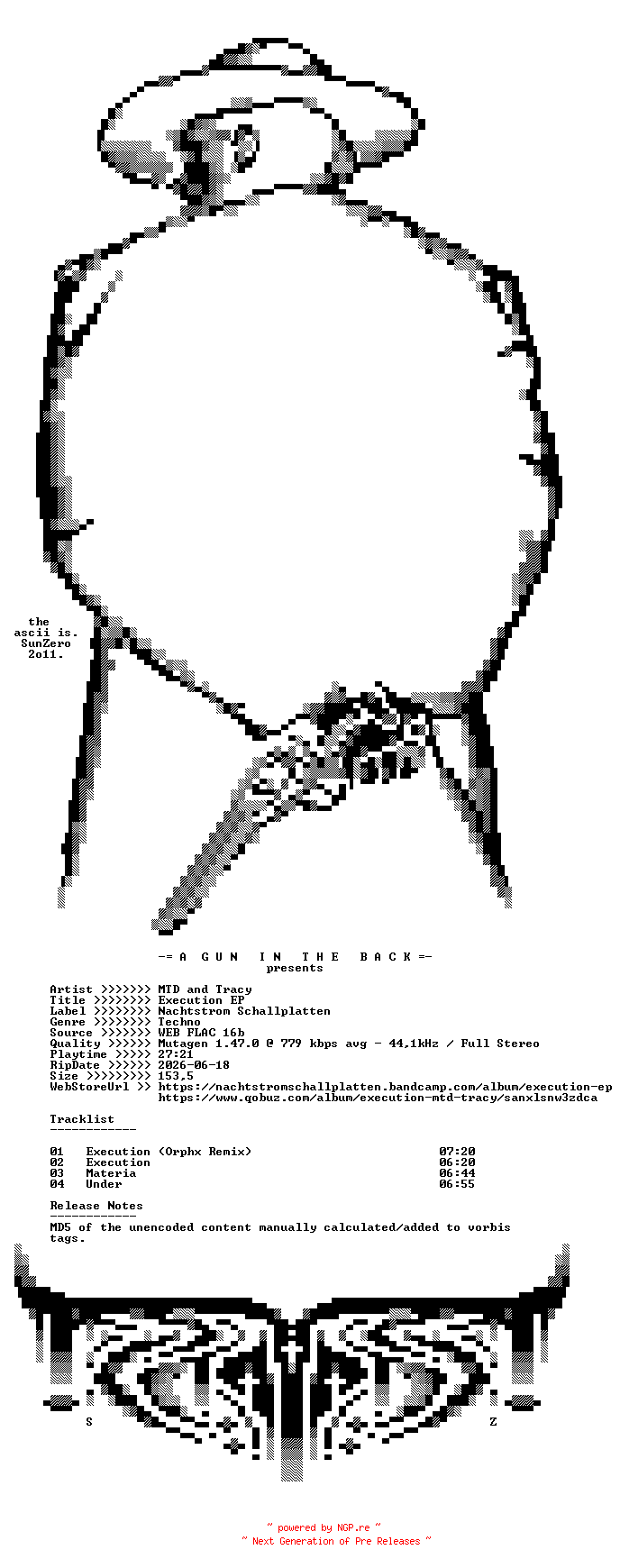 NFO for the release MTD_and_Tracy-Execution_EP-(NST146)-16BIT-WEB-FLAC-2017-AGITB by AGITB