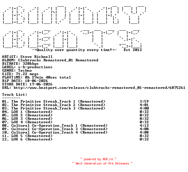 NFO for the release Steve_Bicknell-Clubtracks_Remastered_01_Remastered-(SBP003R)-WEB-2026-BB by BB