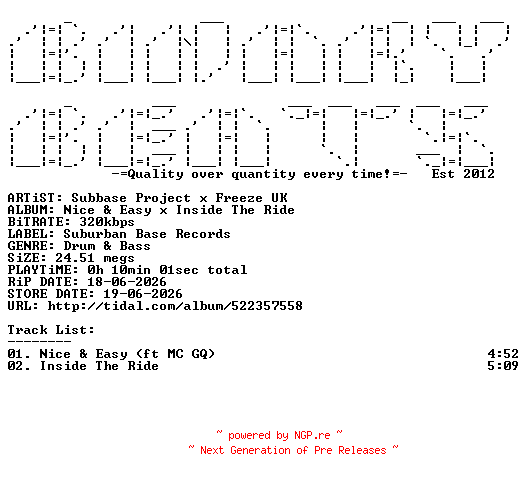 NFO for the release Subbase_Project_x_Freeze_UK-Nice_And_Easy_x_Inside_The_Ride-(SUBBASE135)-WEB-2026-BB by BB