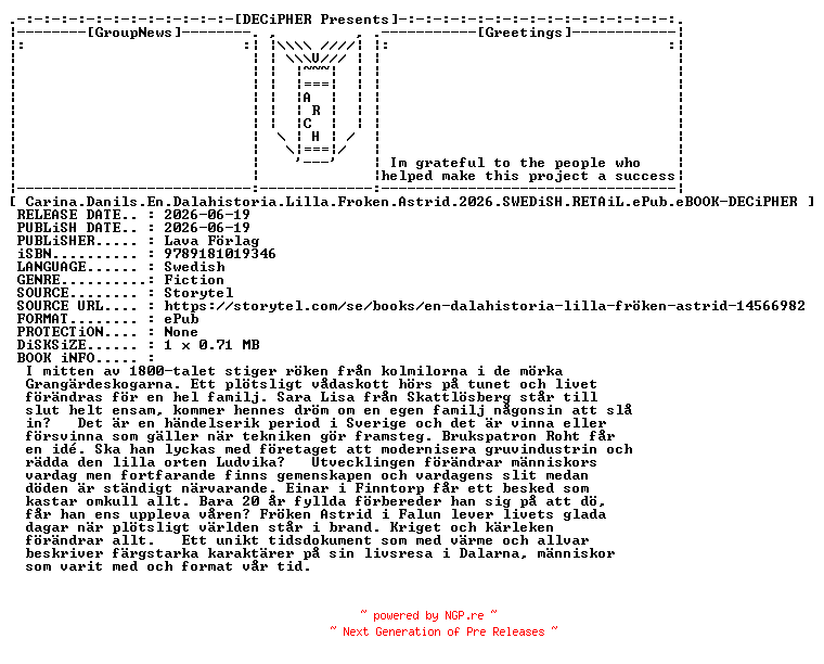 NFO for the release Carina.Danils.En.Dalahistoria.Lilla.Froken.Astrid.2026.SWEDiSH.RETAiL.ePub.eBOOK-DECiPHER by DECiPHER