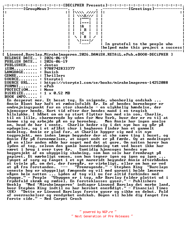 NFO for the release Linwood.Barclay.Mirakelmageren.2026.DANiSH.RETAiL.ePub.eBOOK-DECiPHER by DECiPHER