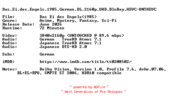 NFO for the release Das.Ei.des.Engels.1985.German.DL.2160p.UHD.BluRay.HEVC-UNTHEVC by UNTHEVC