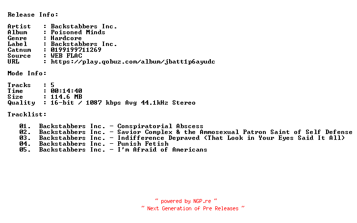 NFO for the release Backstabbers_Inc-Poisoned_Minds-16BIT-44KHZ-WEB-FLAC-2025-CBR by CBR