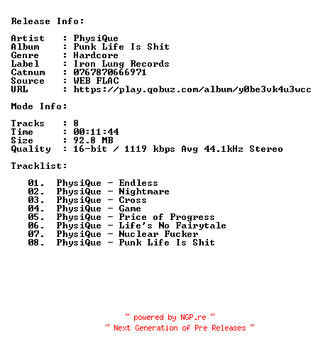 NFO for the release Physique-Punk_Life_Is_Shit-16BIT-44KHZ-WEB-FLAC-2018-CBR by CBR