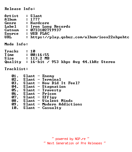NFO for the release Slant-1-16BIT-44KHZ-WEB-FLAC-2021-CBR by CBR