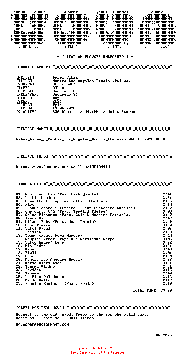 NFO for the release Fabri_Fibra_-_Mentre_Los_Angeles_Brucia_(Deluxe)-WEB-IT-2026-UOVA by UOVA