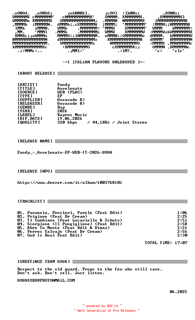 NFO for the release Fandy_-_Avvelenato-EP-WEB-IT-2026-UOVA by UOVA