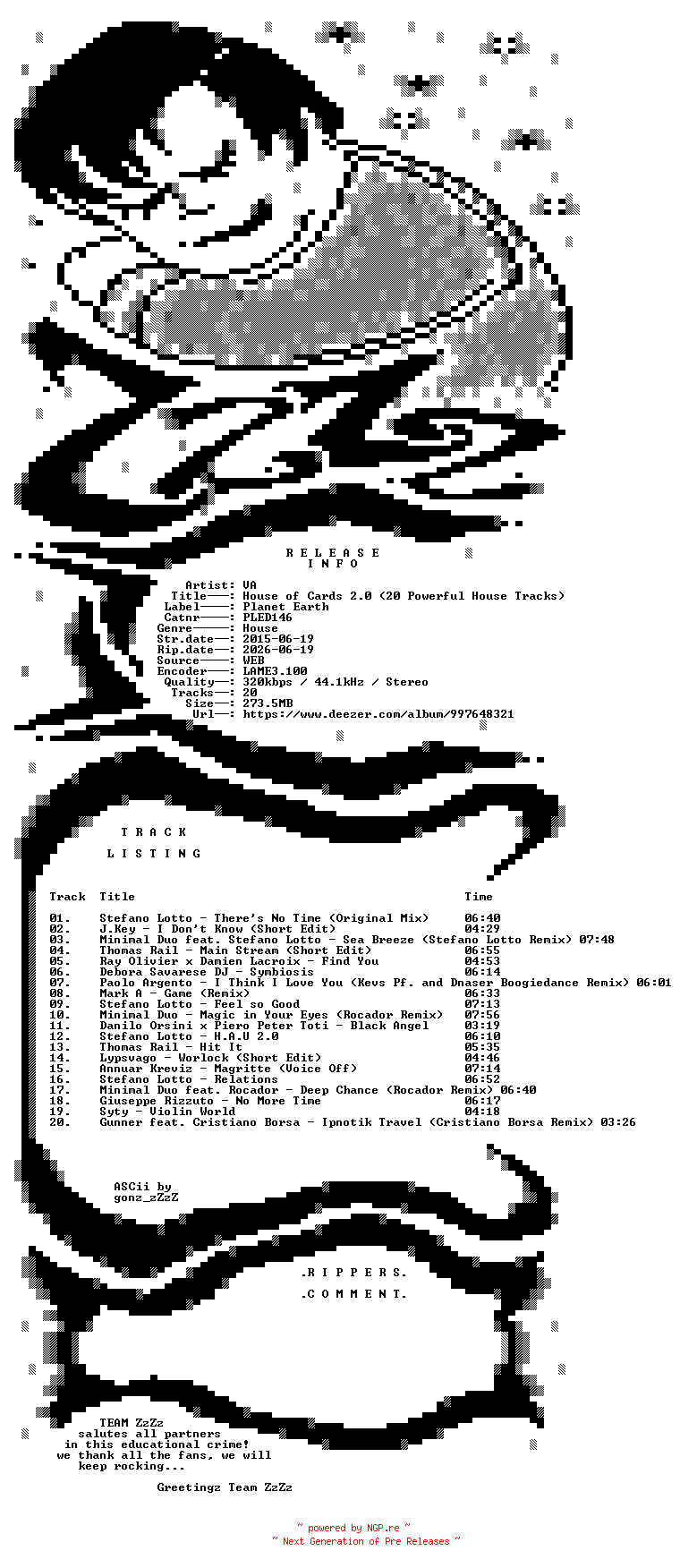 NFO for the release VA_-_House_of_Cards_2.0_(20_Powerful_House_Tracks)-(PLED146)-WEB-2015-ZzZz by ZzZz