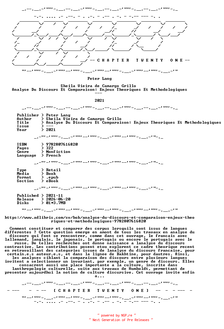 NFO for the release Peter.Lang.-.Analyse.Du.Discours.Et.Comparaison.Enjeux.Theoriques.Et.Methodologiques.2021.FRENCH.RETAIL.EPUB.eBook-CTO by CTO