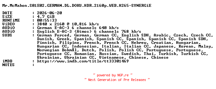 NFO for the release Mr.McMahon.S01E02.GERMAN.DL.DOKU.HDR.2160p.WEB.H265-SYNERGiE by SYNERGiE