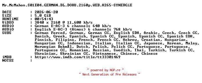 NFO for the release Mr.McMahon.S01E04.GERMAN.DL.DOKU.2160p.WEB.H265-SYNERGiE by SYNERGiE