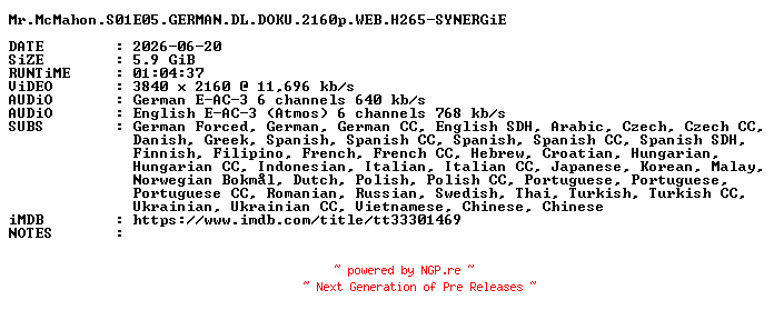 NFO for the release Mr.McMahon.S01E05.GERMAN.DL.DOKU.2160p.WEB.H265-SYNERGiE by SYNERGiE