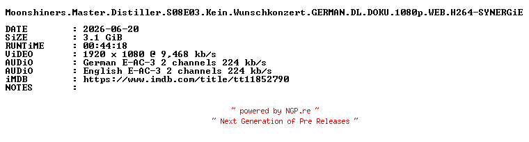 NFO for the release Moonshiners.Master.Distiller.S08E03.Kein.Wunschkonzert.GERMAN.DL.DOKU.1080p.WEB.H264-SYNERGiE by SYNERGiE