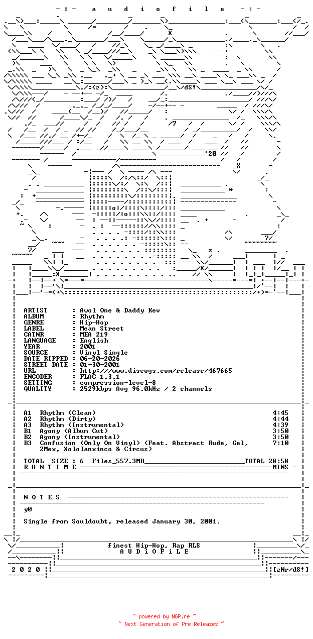 NFO for the release Awol_One_And_Daddy_Kev-Rhythm-VLS-FLAC-2001-AUDiOFiLE by AUDiOFiLE