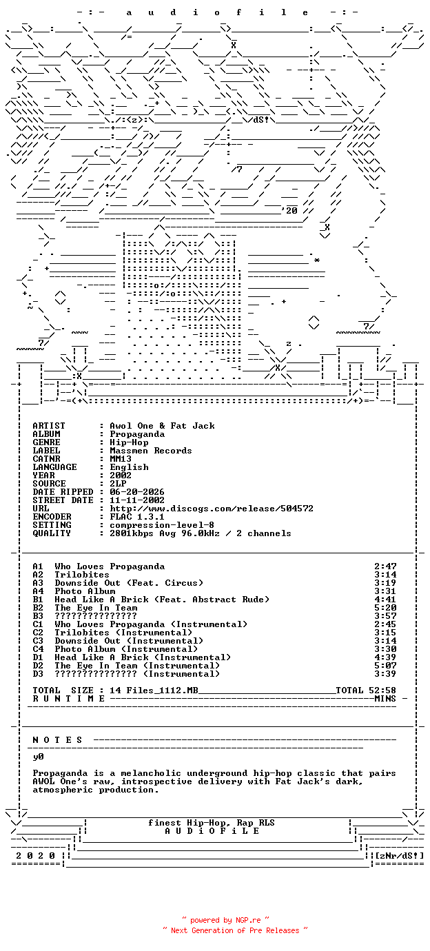 NFO for the release Awol_One_And_Fat_Jack-Propaganda-2LP-FLAC-2002-AUDiOFiLE by AUDiOFiLE