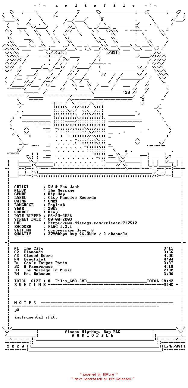 NFO for the release DW_And_Fat_Jack-The_Message-VINYL-FLAC-2003-AUDiOFiLE by AUDiOFiLE