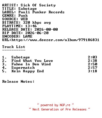 NFO for the release Sick_Of_Society-Sabotage-WEB-2026-SDR by SDR