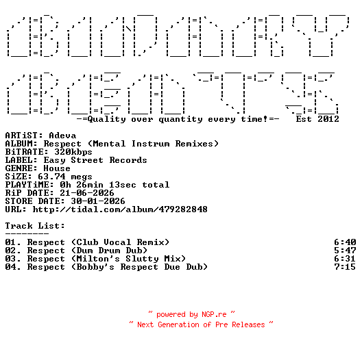 NFO for the release Adeva-Respect_(Mental_Instrum_Remixes)-(ESR-6000-6)-WEB-2026-BB by BB