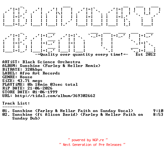 NFO for the release Black_Science_Orchestra-Sunshine_(Farley_And_Heller_Remix)-(198588267394)-WEB-1999-BB by BB