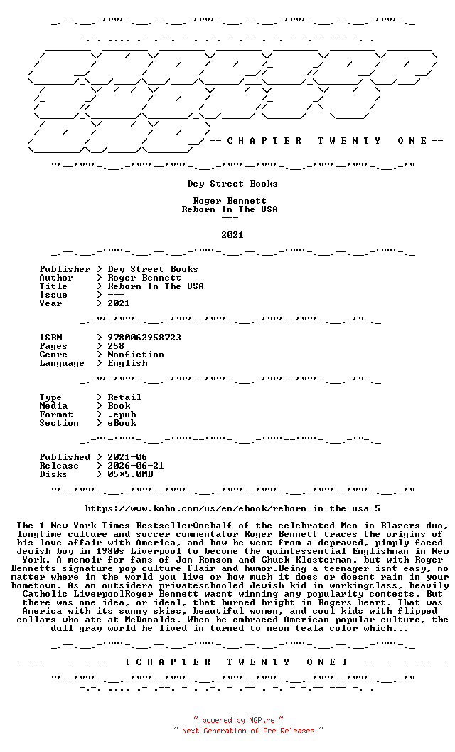 NFO for the release Roger.Bennett.-.Reborn.In.The.USA.2021.RETAIL.EPUB.eBook-CTO by CTO
