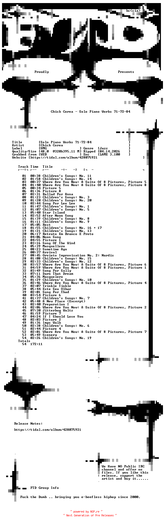 NFO for the release Chick_Corea-Solo_Piano_Works_71-72-84-WEB-2025-FTD by FTD