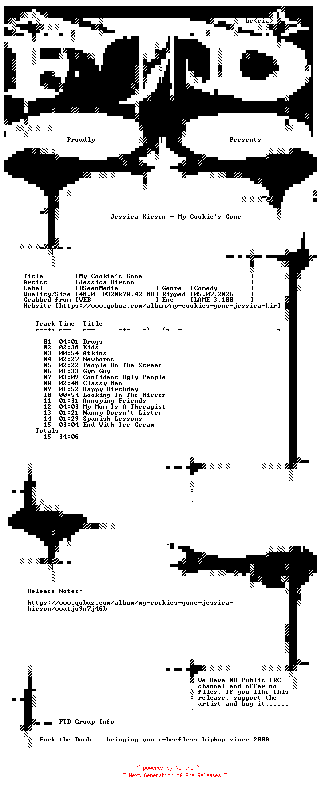 NFO for the release Jessica_Kirson-My_Cookies_Gone-WEB-2007-FTD by FTD