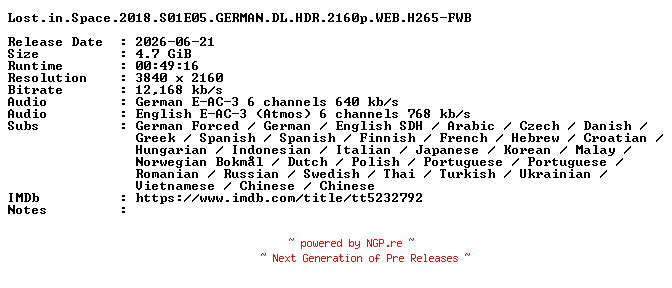 NFO for the release Lost.in.Space.2018.S01E05.GERMAN.DL.HDR.2160p.WEB.H265-FWB by FWB