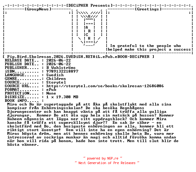 NFO for the release Pip.Bird.Skolresan.2026.SWEDiSH.RETAiL.ePub.eBOOK-DECiPHER by DECiPHER